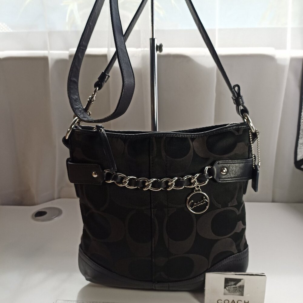 Coach Ashley Medium Black Silver Crossbody Purse Signature Canvas Leather Strap